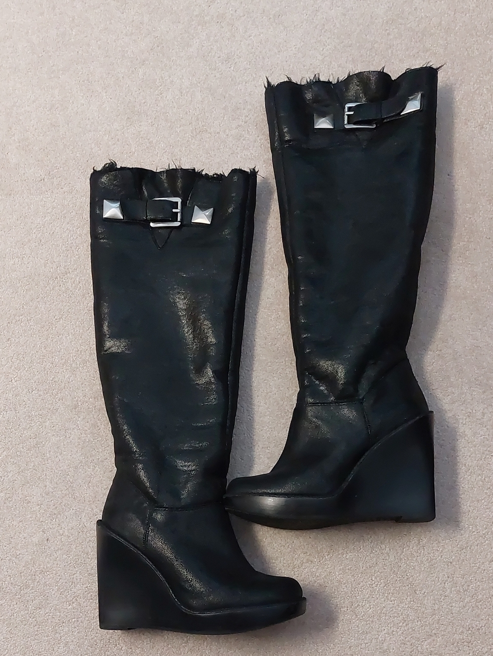 Black Wedge Knee-High Boots with Buckle Detail